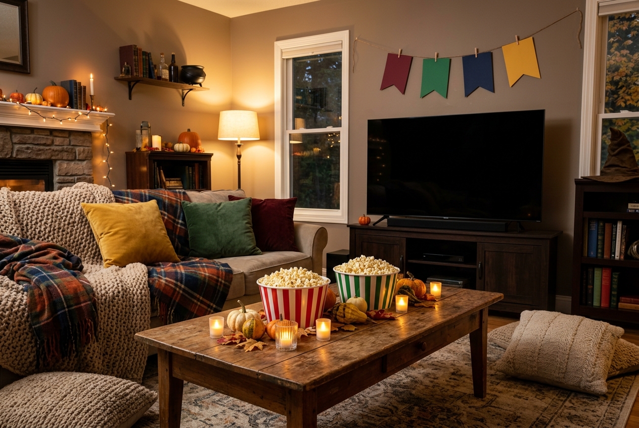 A cozy living room set up for a wizard-themed Halloween movie night with blankets, popcorn bowls, small pumpkins and four paper pennants in house colors