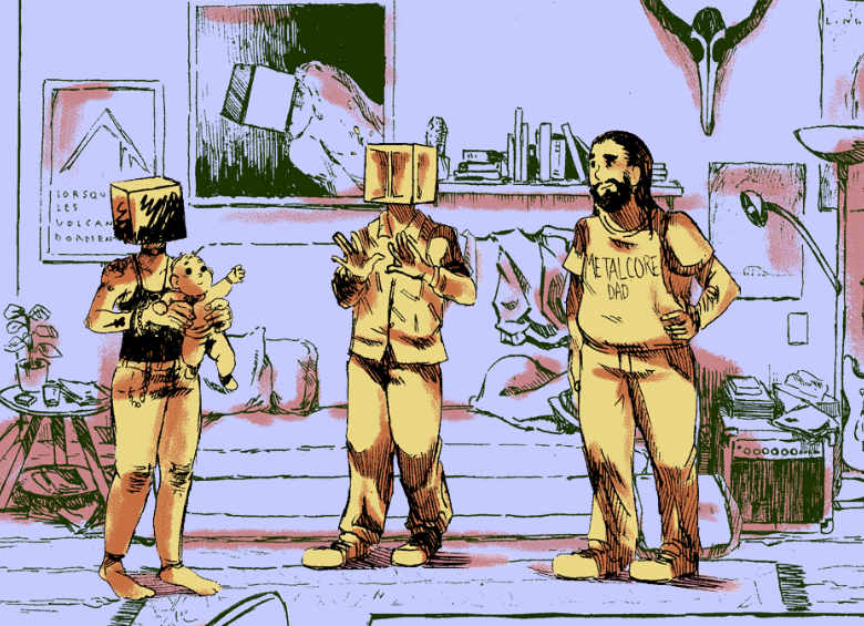 cropped screenshot from the game: three yellow characters on purple background. On the left, a woman with a cube head holding a baby, holding him out to the middle character: a man with a cube head, his body language says he scared, or put off, it’s not that clear. The last character a strong man with a beard and long hair, is watching them. His t-shirt says Metalcore Dad.