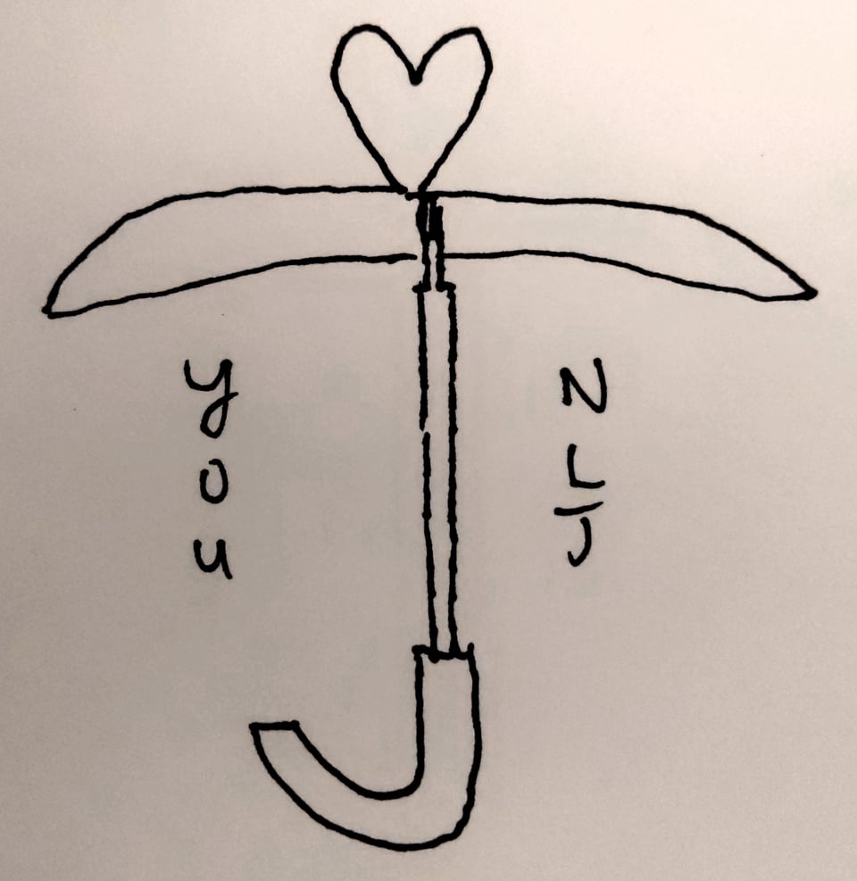 A drawing of an ai ai gasa love umbrella on an index card. The left side of the handle under the umbrella says 'You' and the right side says 'NLJ'