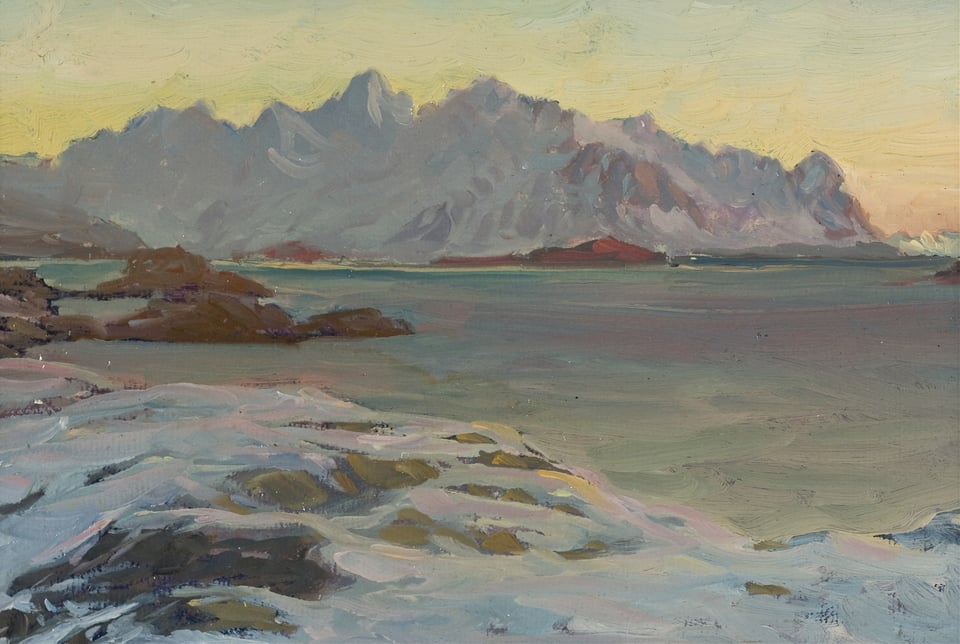 A painting of a snowy landscape with mountains in the background in North Norway