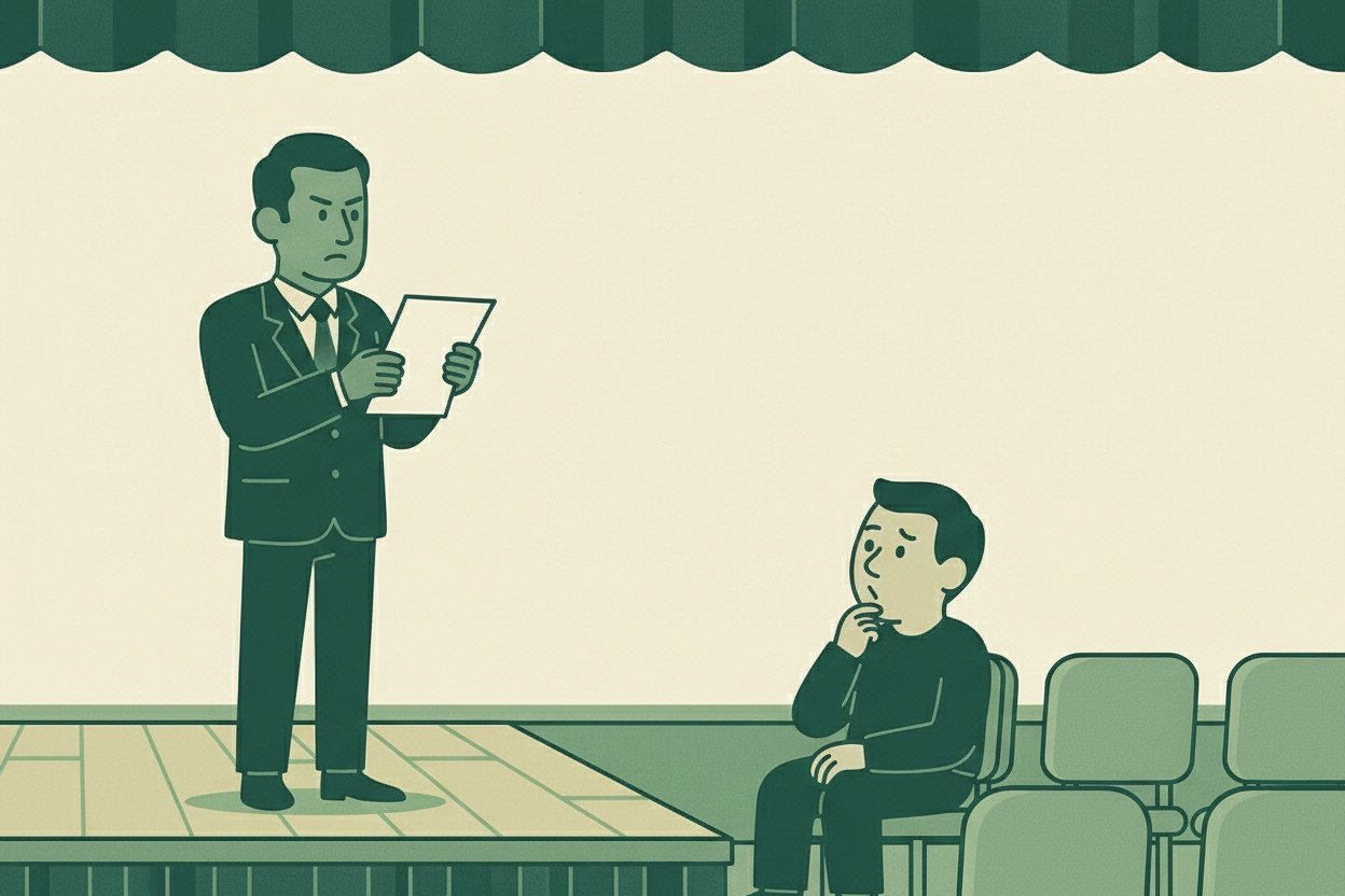 A manager reads aloud from a sheet, a subordinate looks on bemused.