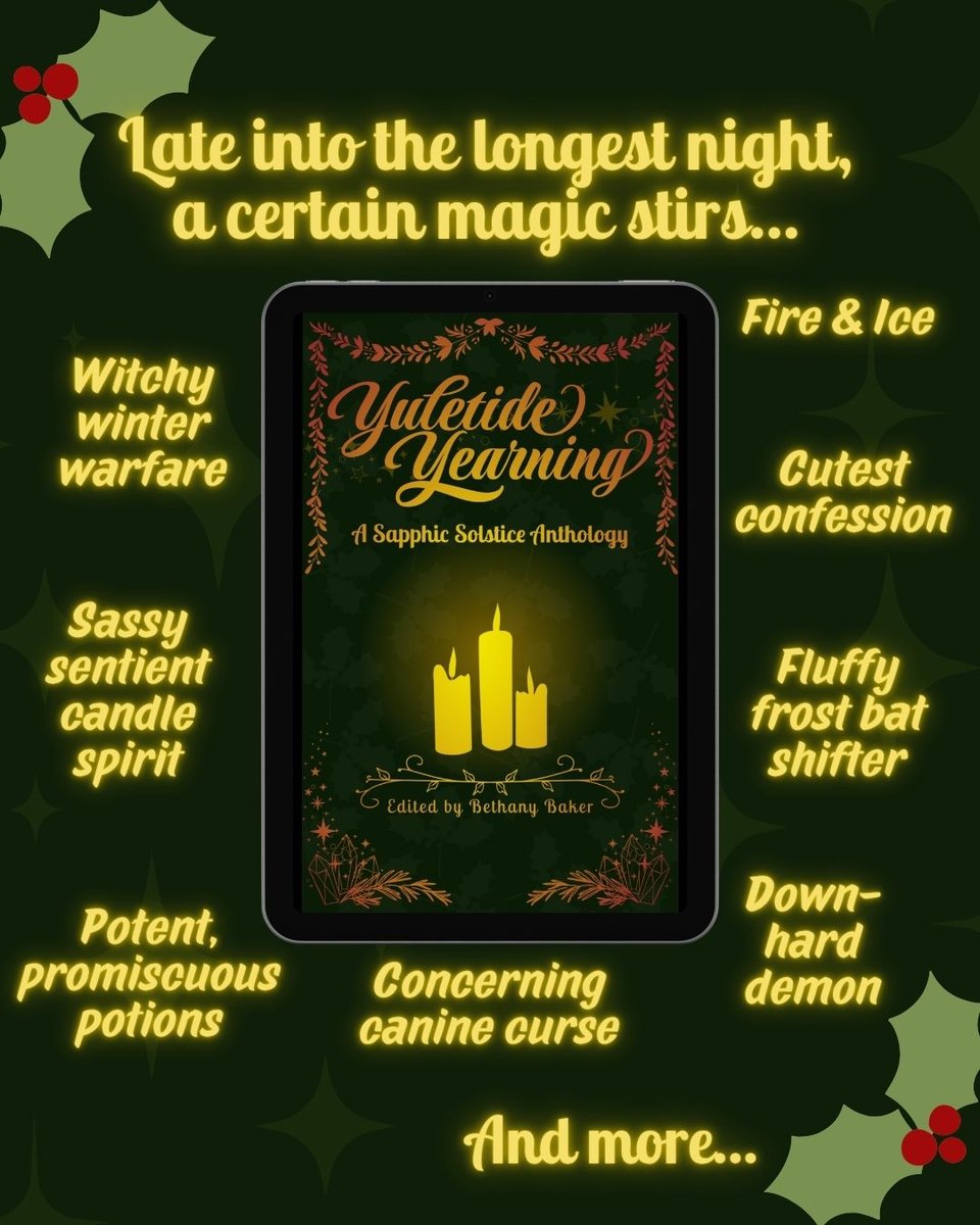 A book map for Yuletide Yearning: A Sapphic Solstice Anthology, edited by Bethany Baker. Text reads clockwise from the top: Late into the longest night, a certain magic stirs...; Fire & Ice ; cutest confessions;  fluffy frost bast shifter; down-hard demon; concerning canine curse; potent, promiscuous potions; sassy sentient candle spirit; witchy winter warfare; and more!