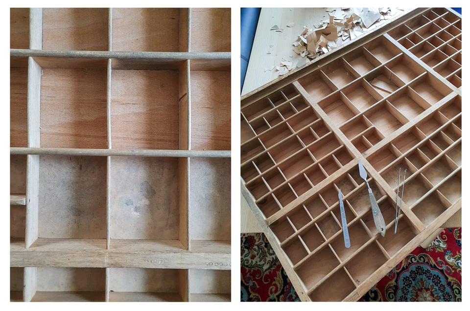 Collage of 2 photos: a close-up of the drawer where the stained paper covers some compartments and the clean wood is behind; the whole drawer with a scalpel, palette knife and tweezers and a pile of paper scraps at the back.