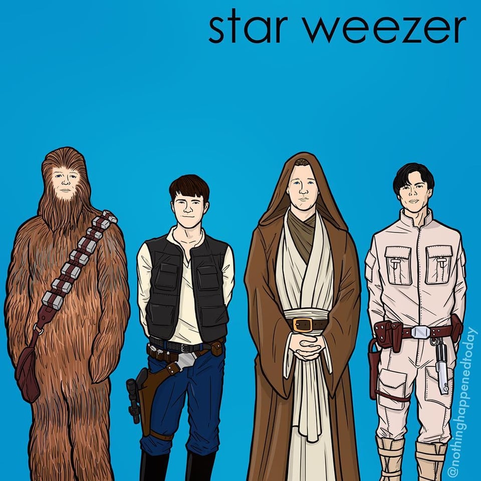 A blue square with the words "star weezer" in the top right corner and illustrations of the original members of the band Weezer dressed as Star Wars characters.