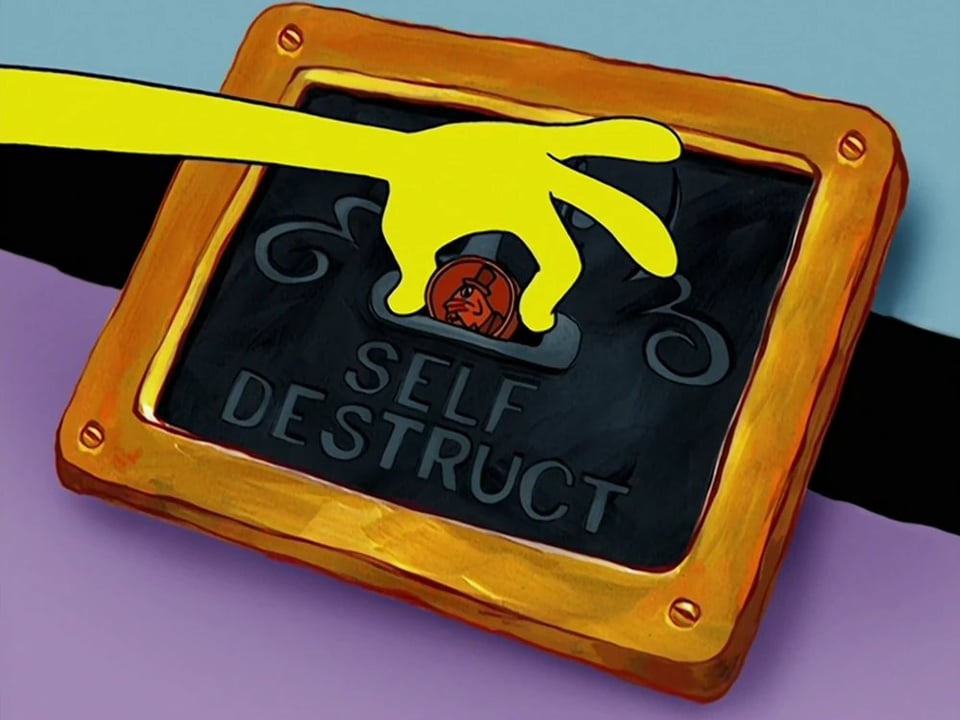 Spongebob inserts a penny into the Krab-bot's coin operated self-destruct mechanism.