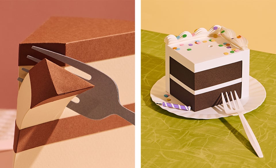 Two images of paper cake. One is a close up of a paper fork sliding into a chocolate icing cake. The other is a paper sheet cake piece with white icing and chocolate cake.