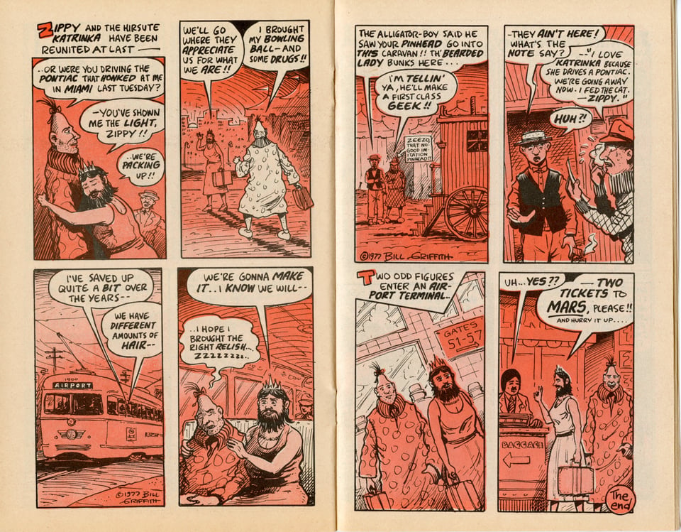 Zippy Stories, 1977; note the two-color printing: black plus red, shown here in various tones. Two pages shown of comic, starting "Zippy and the hirsute Katrina have been reunited at last…”