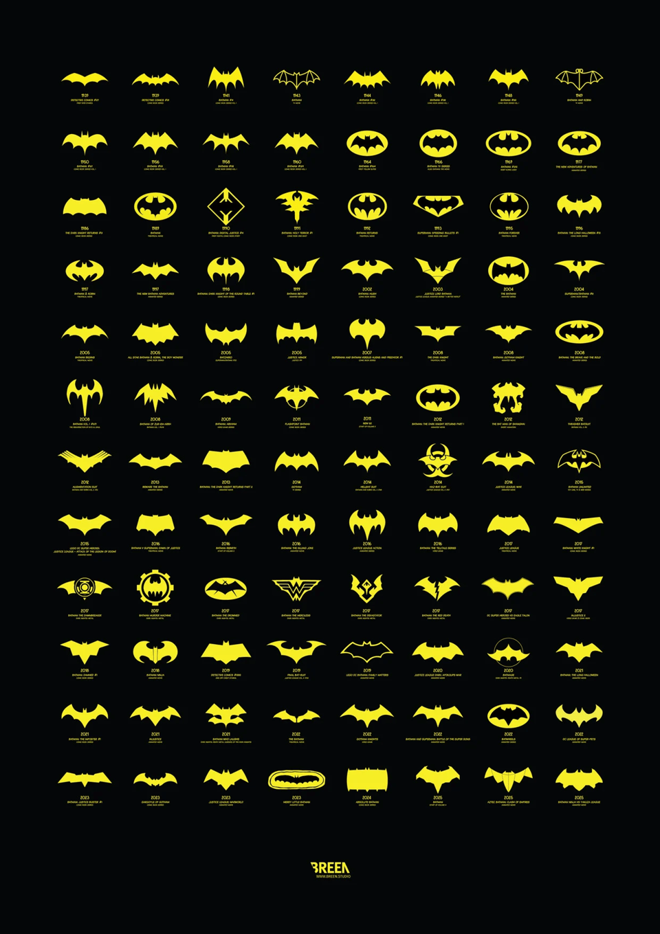 A grid of dozens of batman logos, yellow on black. Many are similar to the famous one that looks like a stylized bat, but several are very strange looking -- one looks almost like a radiation symbol, and another looks like a wide rectangle with notches in it