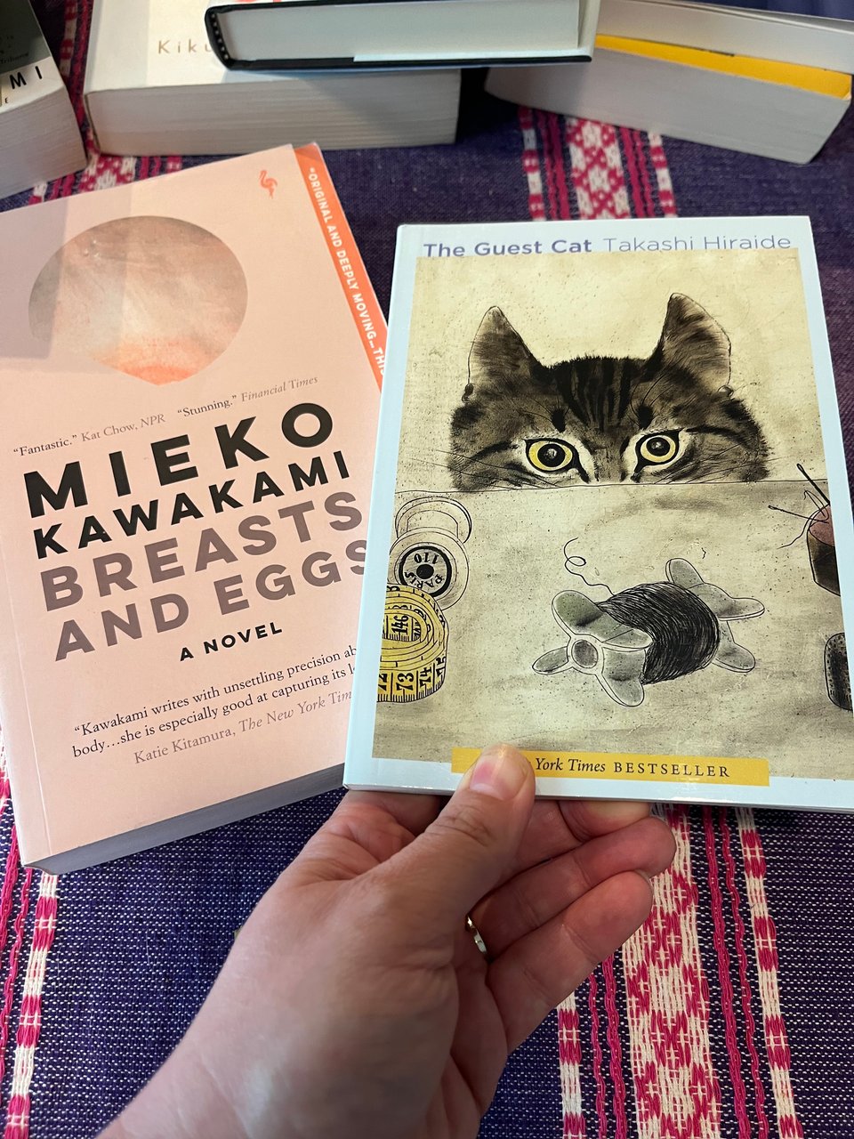 The paperback version of Mieko Kawakami's book Breasts and Eggs sits face up on a table covered with blue and pink place mats, while a white person's hand holds a copy of The Guest Cat by Takashi Hiraide.