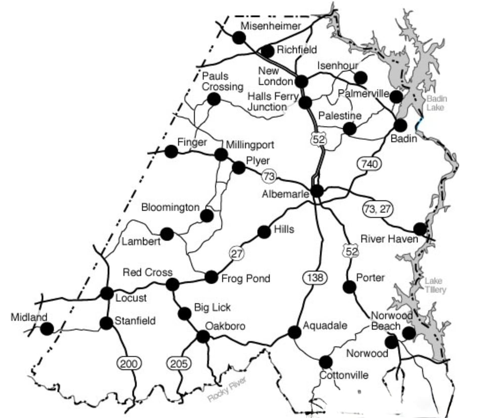 Map of Stanly County showing the ten municipalities.