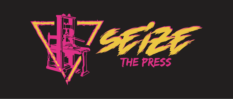 Seize The Press logo, a neon pink and yellow printing press inside an electrified triangle.