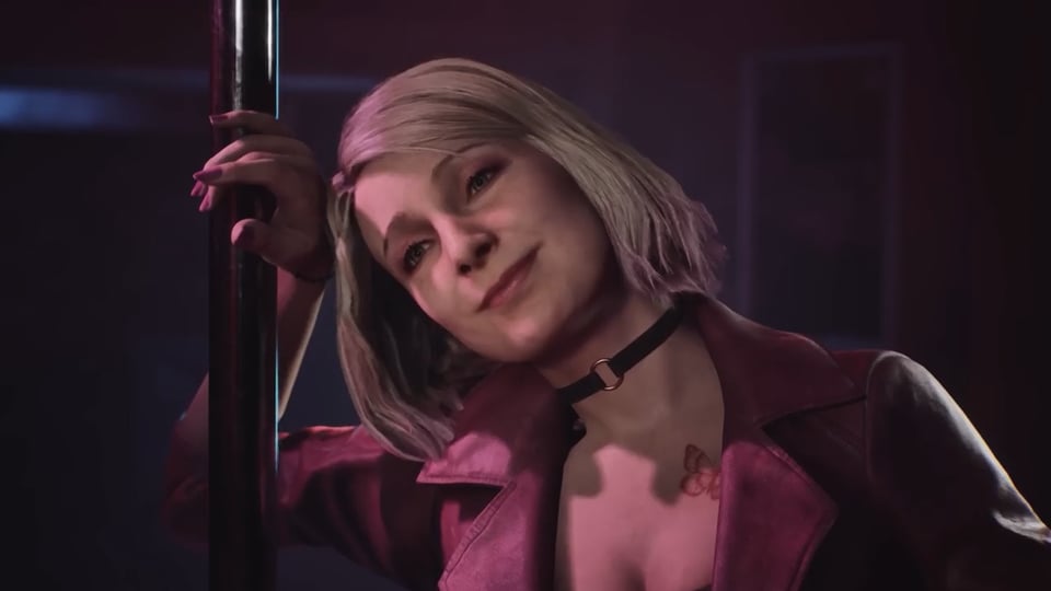 Maria smiling at James and leaning flirtatiously against a pole