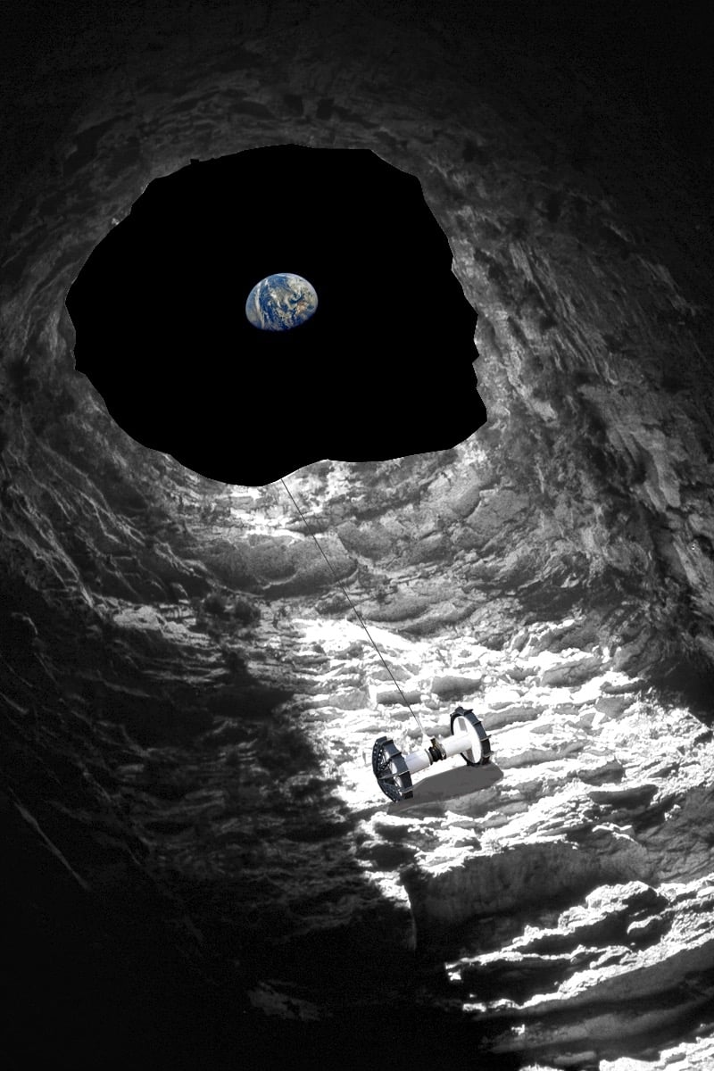 Rendering of the Moon Diver probe descending through the skylight of a lunar lava tube. From Wikipedia.