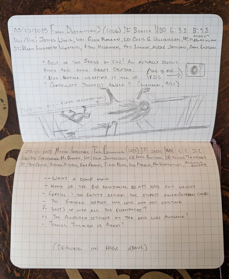 A quad-ruled notebook with handwritten notes/drawings about the movies Final Destination 3, and Mission: Impossible - The Final Reckoning.