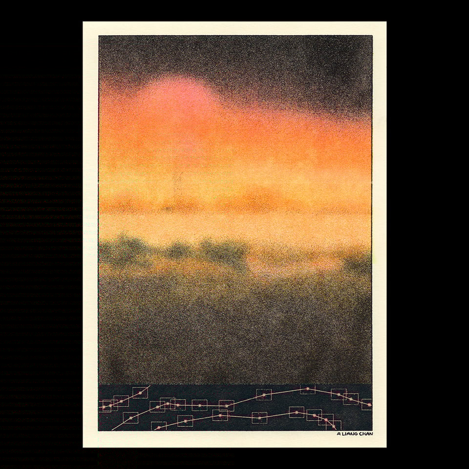 a riso print: a hazy, out of focus sunset scene with a suggestion of a landscape in intense oranges and yellows, shifting to much darker areas near the top and bottom. a narrow black panel underneath shows points of movement charted along a path.