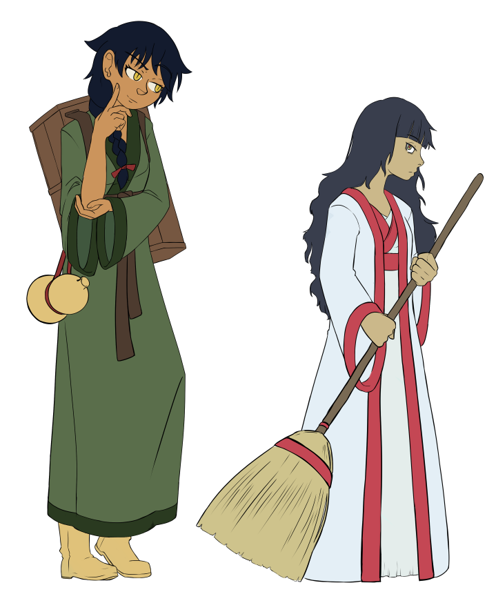 On the left is Zhang Chenghua, a drunken boxer and healer in simple clothes for traveling. On the right is Ouyang Chakou, a Daoist exorcist who looks back at the teasing Zhang Chenghua with a stern expression.