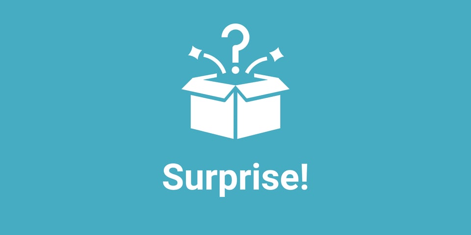 a blue banner with a gift and the word surprise