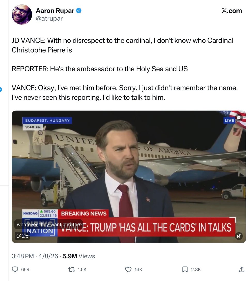 The hapless Vance imitates a deer caught in the headlight.