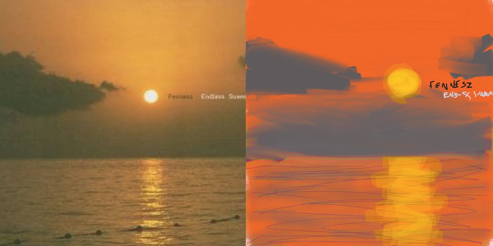 A color photograph of the sun over the horizon of the ocean, with a dark cloud on the right. The sun bathes everything in an orange haze.