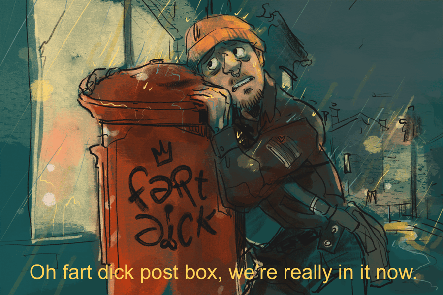 A fake storyboard of my friend Leo being supported by the fart dick postbox.