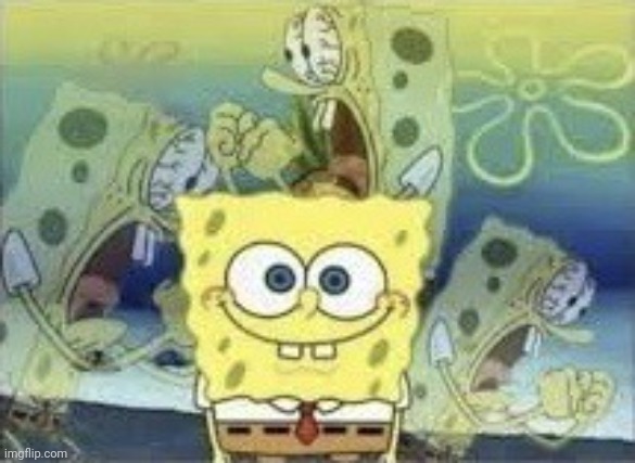 A screenshot of SpongeBob SquarePants standing and smiling with images of him screaming with bloodshot eyes floating transparent behind him