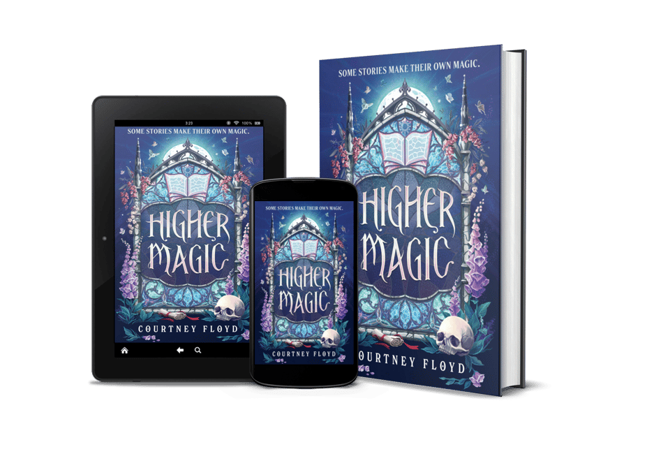 Mockup of copies of Higher Magic in ebook, audiobook, and hard cover formats.