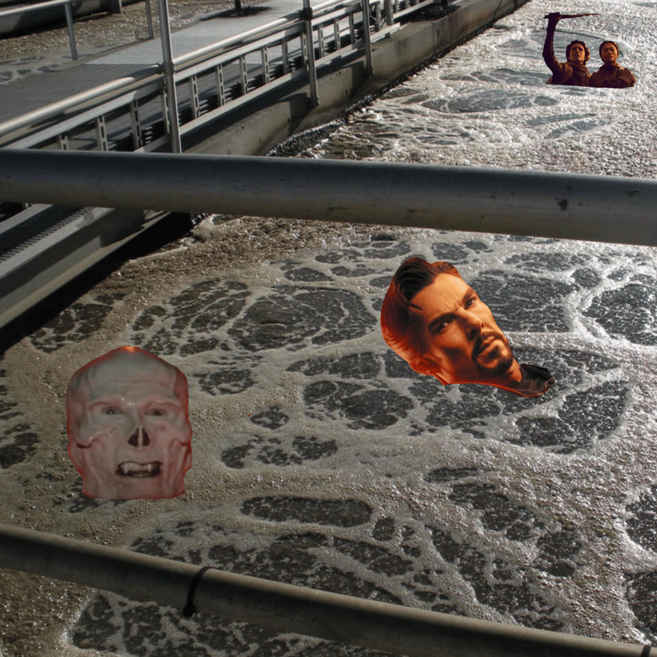 A collage image of a stream of grey sludge. Bobbing in the sludge are Skeletor from the 1987 movie Master's of the Universe, Doctor Strange and Timothee Chalamet with Zendaya as their characters in Dune.