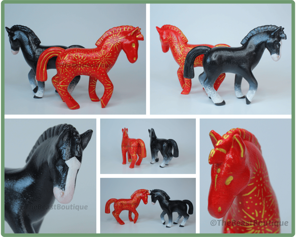 a collage showing two horse figurines from multiple angles. one horse is bright red with golden fireworks painted onto it. the other horse is black, with four white socks and a white blaze on its forehead.