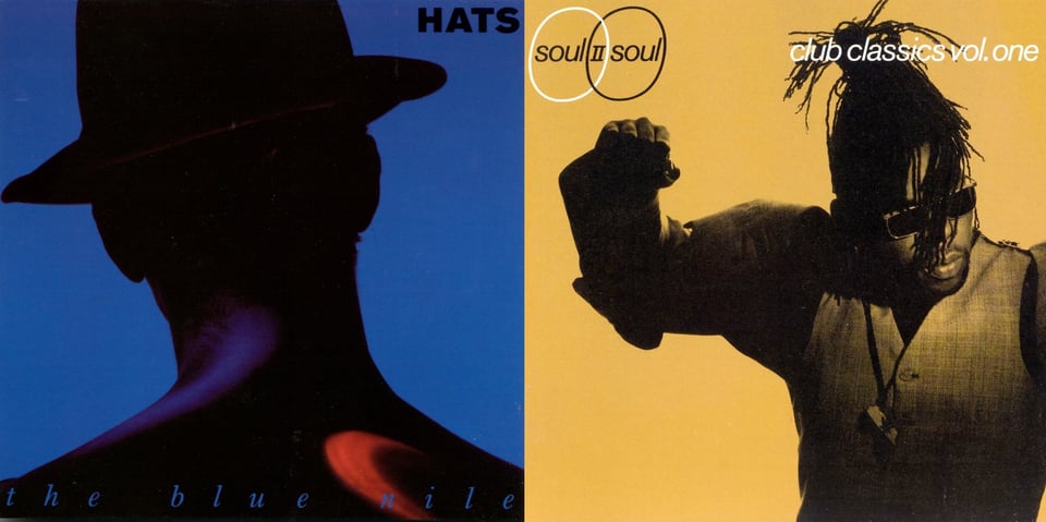 First pic: A blue tinted photograph of someone from the back, from the neck up. They are wearing a hat. The lighting turns the figure almost into a silhouette. It's possible the person is a woman with their hair tucked under the hat, but it's impossible to say. On the small of their back is a patch of light that makes a small red crescent shape. Second pic: A yellow-tinted black and white photo of Soul II Soul bandleader Jazzie B, from the waist up. He's a Black man wearing a vest and a necklace with Africa on it. He has dreadlocks, and they're mostly tied up out of is face save for a few strands falling across his face. He is the anti-Don Henley. He appears to be pumping his fist. He looks to the right with a blank expression.