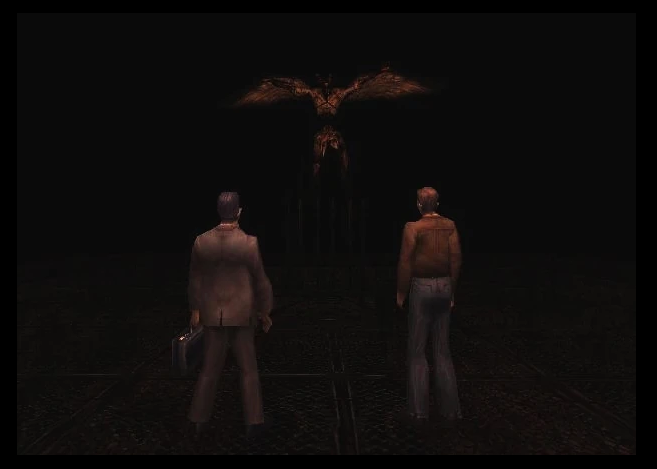 Dois personagens de Silent Hill de costas para a câmera encarando um dos monstros do jogo