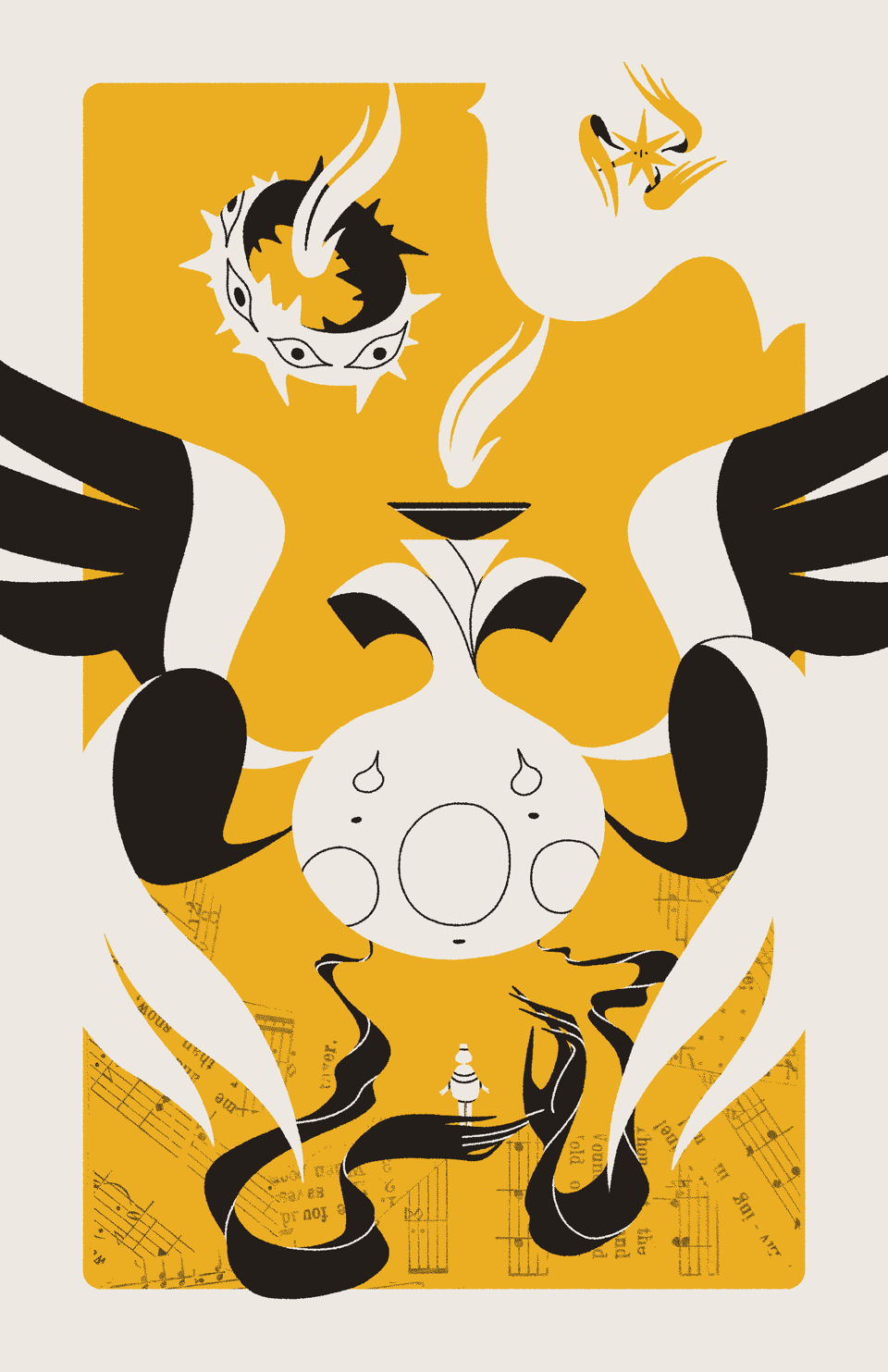 Three angels descend upon a seeker with arms outstretched. The first looks like an abstracted clown face with four wings. The second looks like a thorny ring surrounded in eyes, and the third looks like a three-winged star.