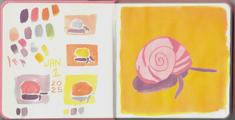 A page from my sketcbook of a pink and purple snail with a yellow background.