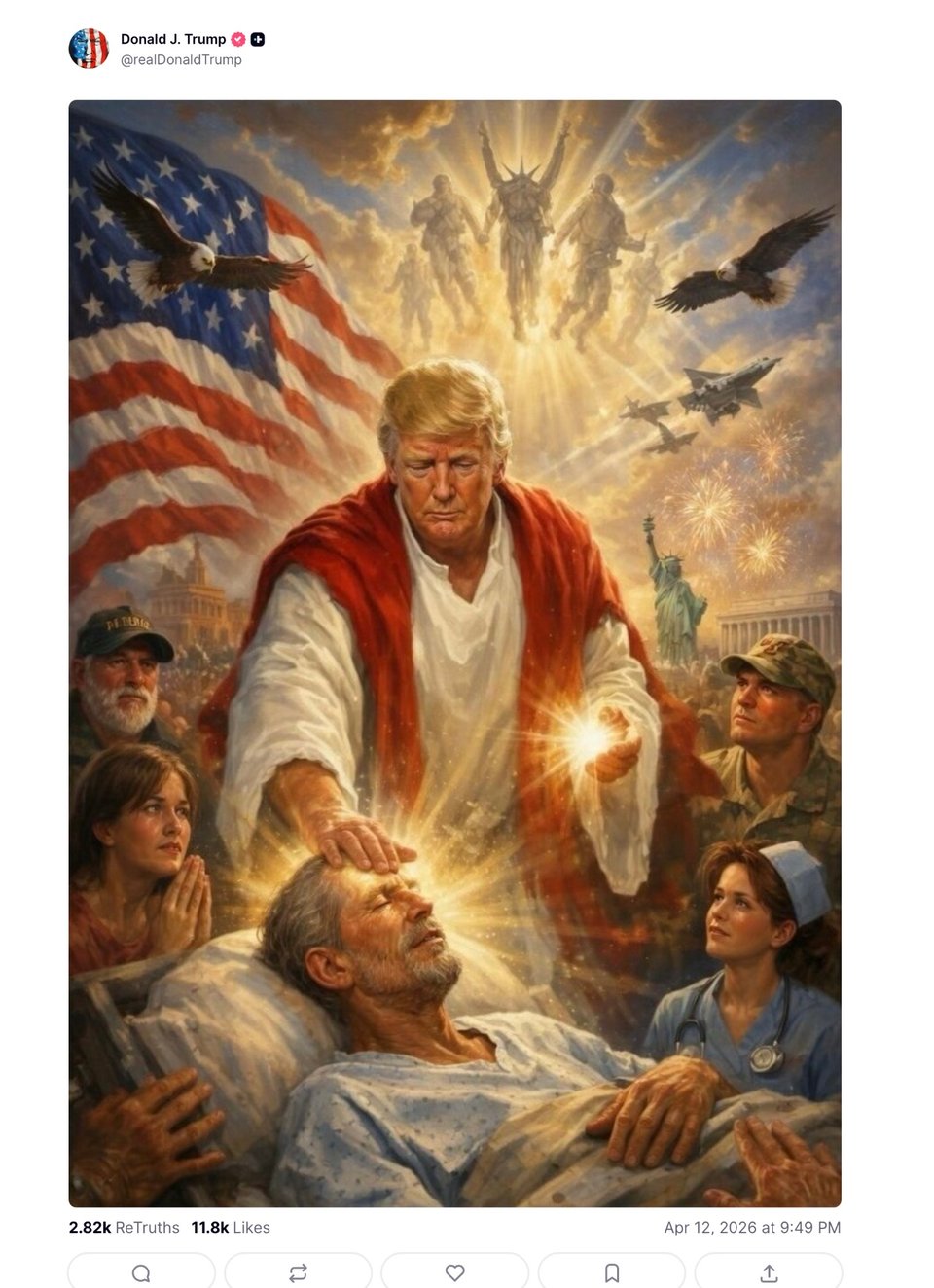 Yesterday, after attacking the Pope, Trump shared a picture (a much younger self) as a healing Jesus.
