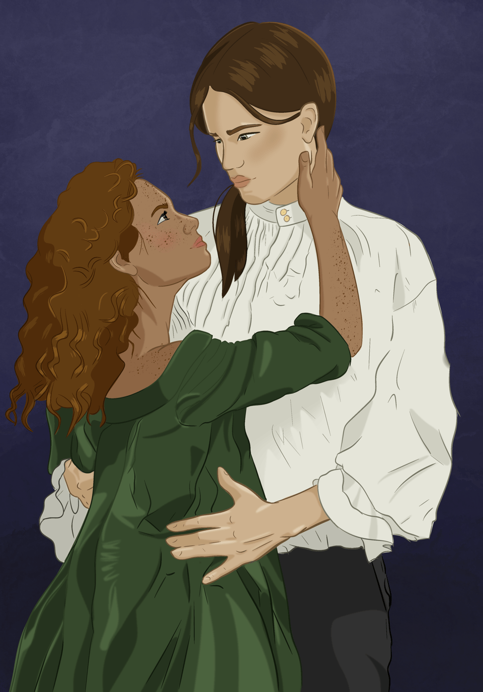 An illustration by the author of the two main characters from The Gentle Dark. They face each other, with her touching his cheek as he holds her waist. Rosalyn is shorter, with tan skin (cool/pink undertones), freckles, and curly bronze hair. She wears a green loose-fitting dress. Jules is taller, paler with warm (yellow) undertones, long straight hair worn in a low ponytail, and hazel eyes. He wears a billowy white shirt with ruffled sleeves and black trousers.