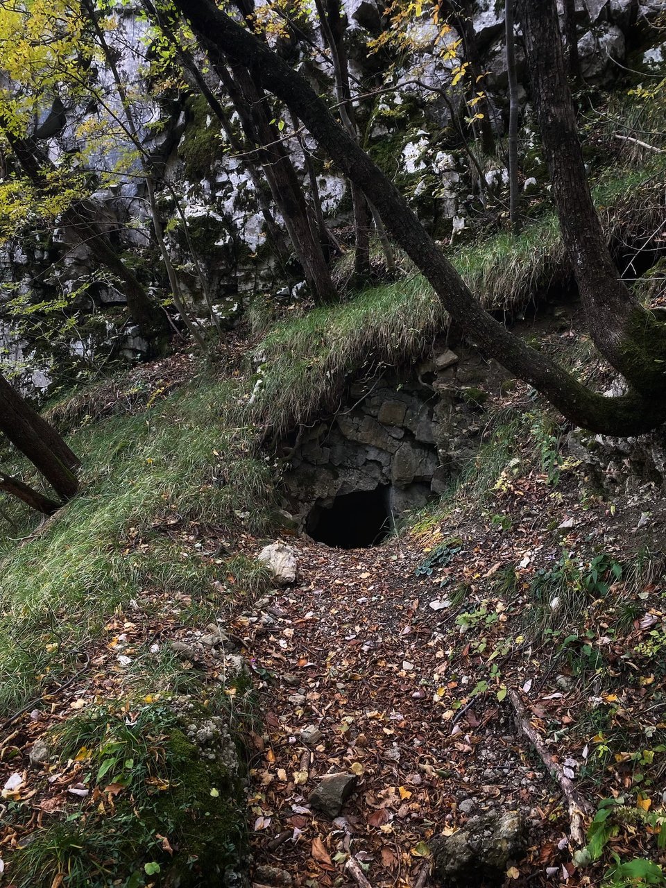 The entrance of an old bunker, just a small hole dug on the side of the mountain.
