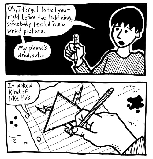 Two panels from the comic. Panel 1 shows Blake saying, "Oh, I forgot to tell you--right before the lightning, somebody texted me a weird picture. My phone's dead, but . . ." Panel 2 shows that Blake has drawn a triangle-with-lightning bolts symbol. He says, "It looked kind of like this."