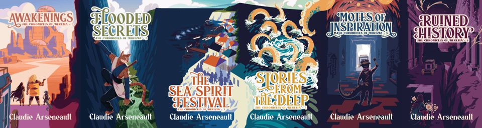 A spread of six cover images that form one continuous canvas. The scenery goes from a red-sand desert (Awakenings) to a lush river valley (Flooded Secret), to a sea-side city (The Sea Spirit Festival), to a whirlpool in the water surrounded by a golden kraken (Stories from the Deep), to a beautifully carved stone corridor with etchings on the wall (Motes of Inspiration), and finally to ruins of stone bathed in deep pink moonlight (Ruined History).