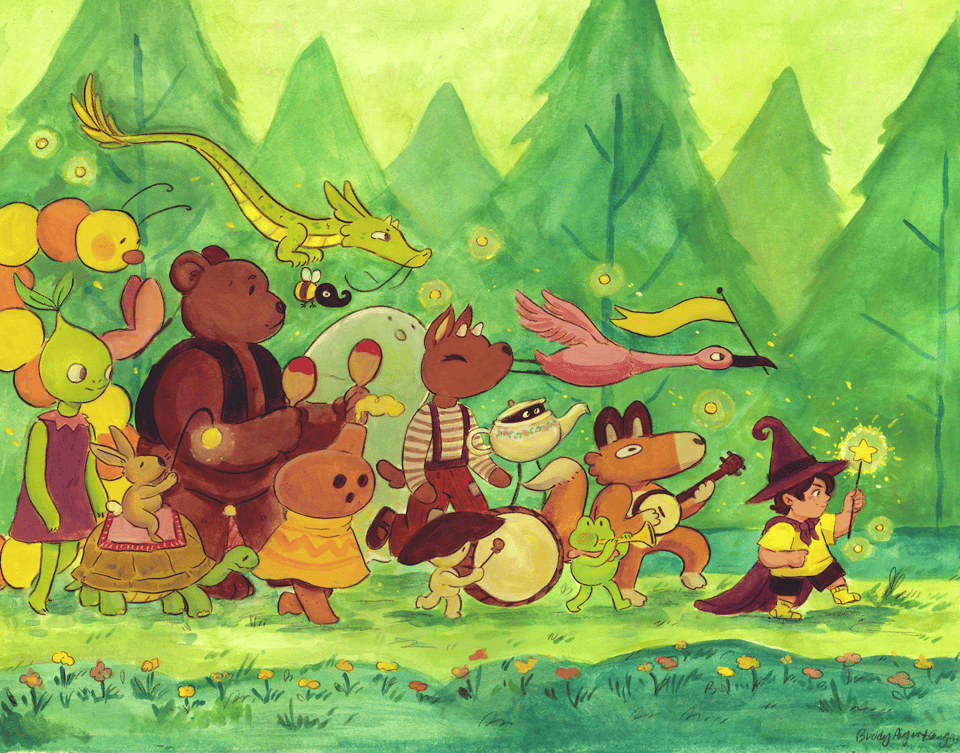 a gouache painting. A parade of whimsical characters follows a small child holding a wand
