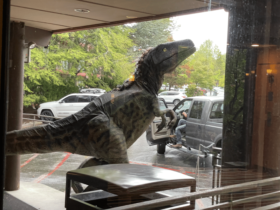 A person in a fabulous dinosaur costume waiting in a rainy parking lot