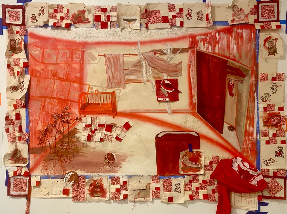 an interior scene of a bedroom with a closet and crib and a window surrounded by red and beige quilt piece elements