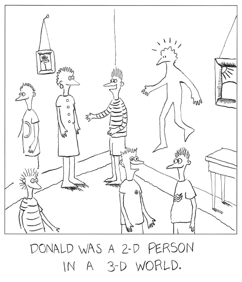 Cartoon with caption: Donald was a 2D person in a 3D world
