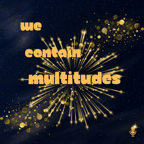 A logo for my podcast. "we contain multitudes" is in orange text against a space backdrop, with distant white stars. The words lay over a gold shower of shooting stars. In the lower right corner is a mic icon in orange.