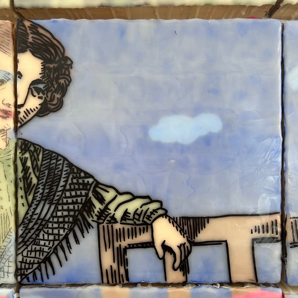Detail of a painting. Young woman wearing a shawl, left arm leaning on the back of a park bench.