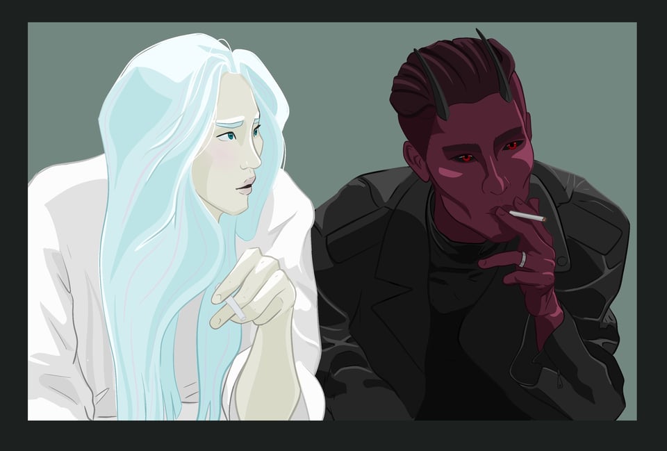 An illustration in a simple cell-shaded style. The two characters are sitting next to each other, shown from the elbow up. On the left is Remiel, with very pale skin (yellow/green undertones) and white iridescent hair (white with blue undertones and hints of pink). He casually holds a cigarette in his hand and wears a white shirt. Sitting next to him is Malcifer, a demon with dark red skin. He has slender horns and short black hair swept back. He takes a pull from a cigarette and wears a leather jacket.