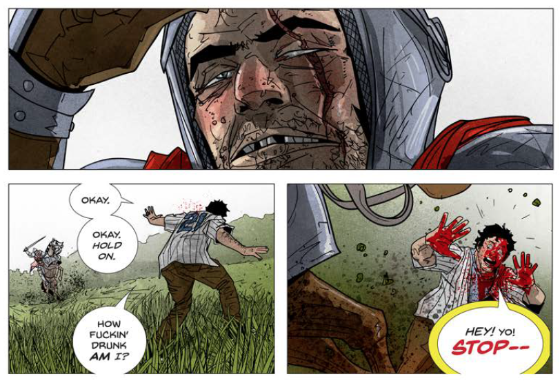 panels from Medieval #1, showing a knight with a scar on his eye looking at Danny, wearing a new york baseball jersey, in a field. Danny is trying to get the knight to leave him alone by saying "okay, okay hold on. how fuckin' drunk am i? hey! yo! stop--" but the knight is riding danny down with his sword held aloft