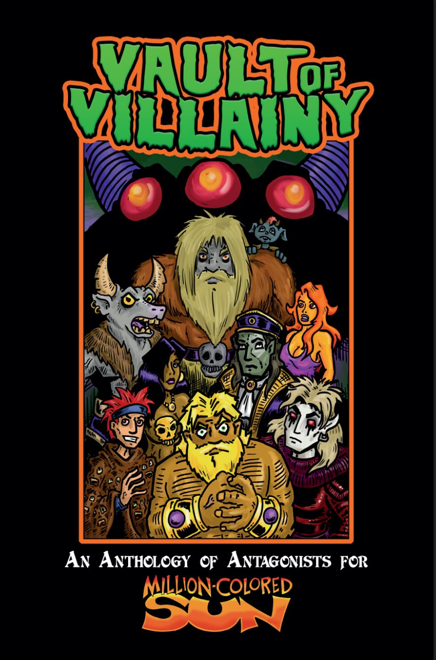 The cover of Vault of Villainy, drawn by Josh Burnett. It features ten villains staring at the reader, in an arrangement reminiscent of Kevin Maguire's cover for Justice League #1.