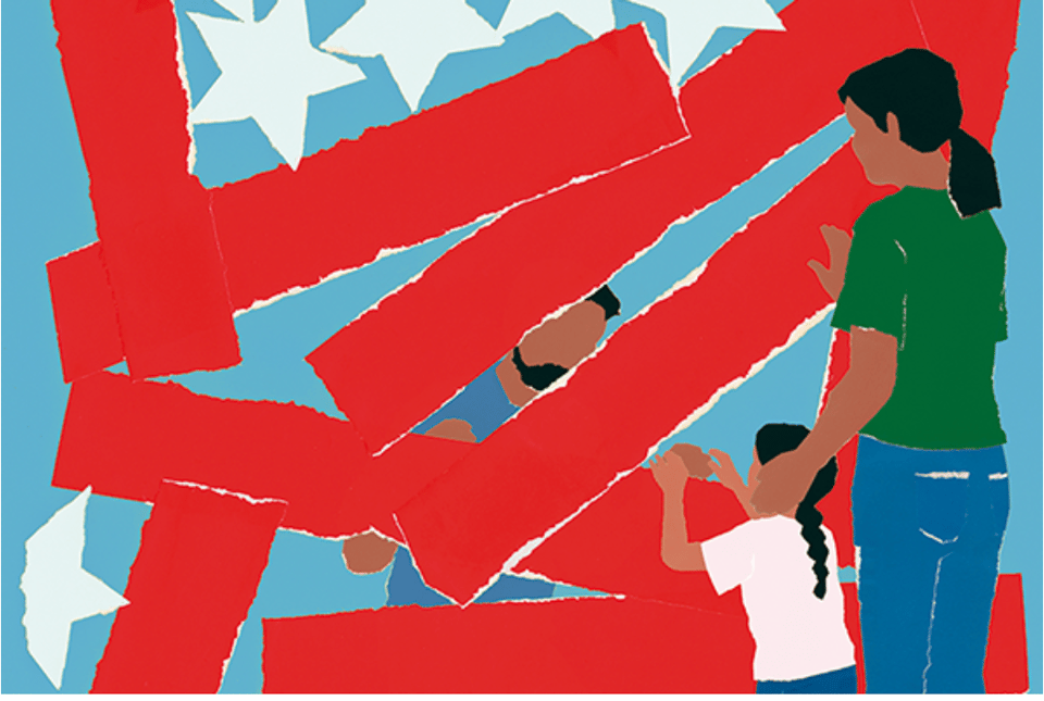 An illustration that looks like a digital version of torn paper made to look like a man reaching through bars made of big red stripes to a woman and child who reach out to him. The background is blue and there are white stars above the man so the whole thing looks like a rearranged US flag.