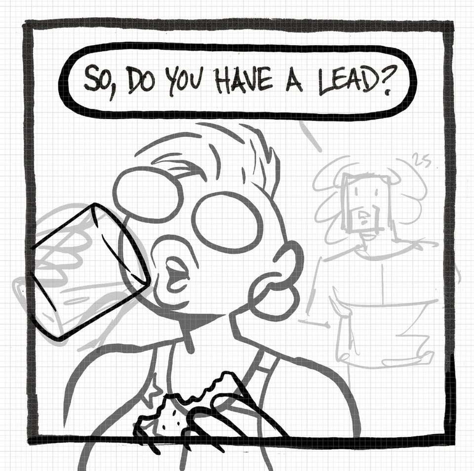 A panel in progress. If I was in the foreground drinking out of a glass and holding a sandwich, and Beautiful Ray is in the background, asking, "so, do you have a lead?" #altcomix #comics #originalcharacter #ocart