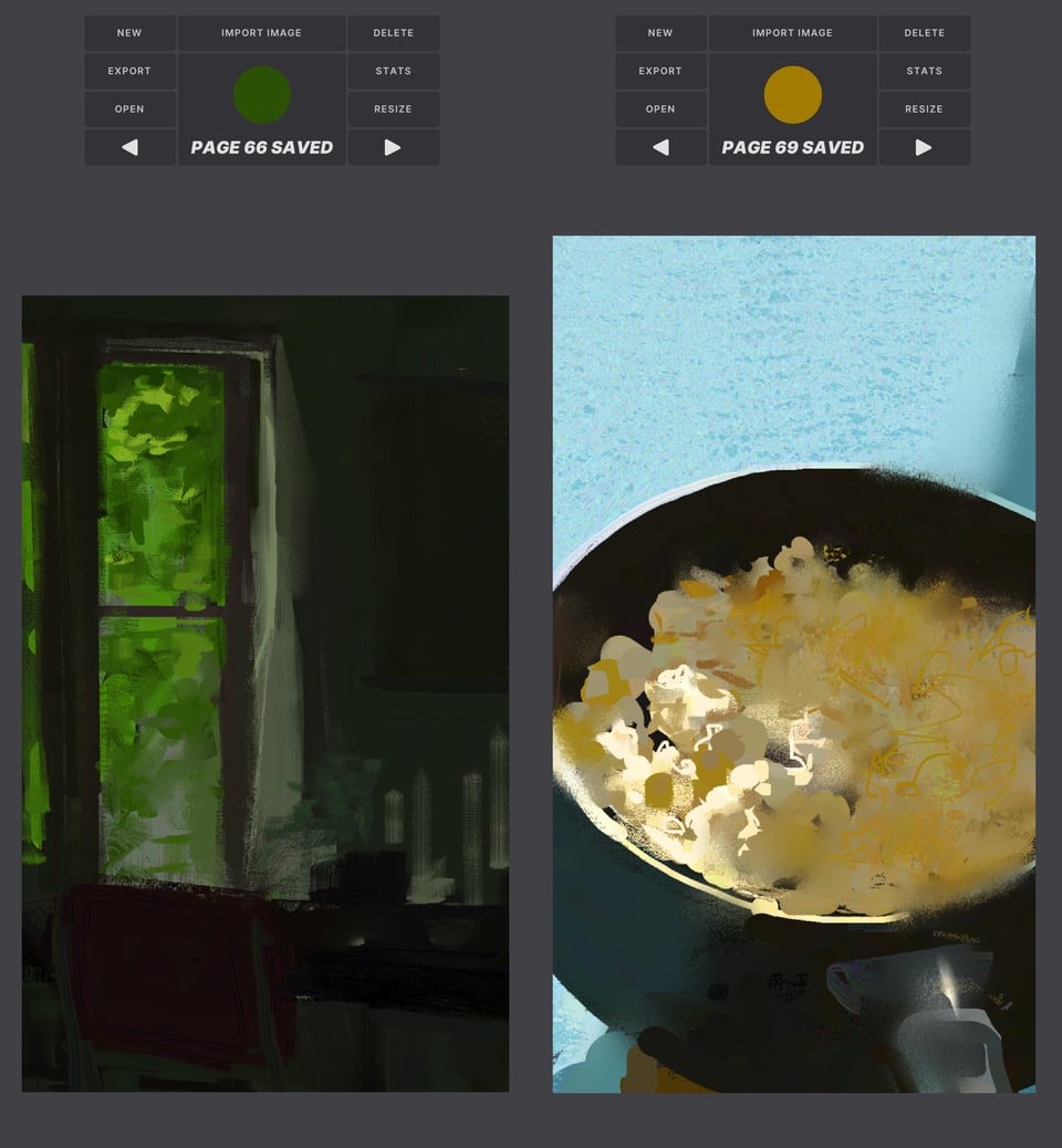 two phone paintings in the heavy paint app: the first of a window and table, the table and interior barely visible amidst a greyish green light, but the window full of vibrant greens and draped with a curtain; the second of a pot full of popcorn on a blue countertop, some pieces illuminated in the sun.