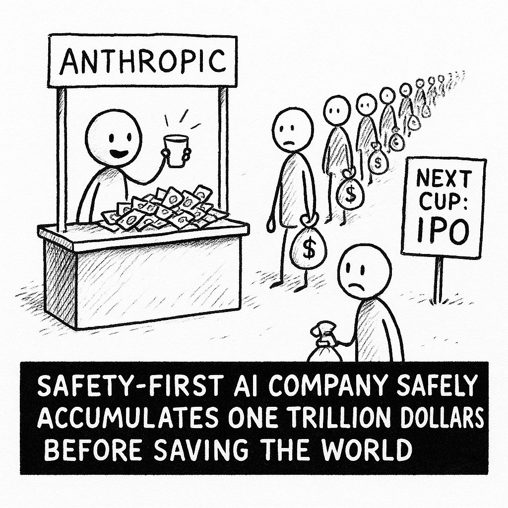 SAFETY-FIRST AI COMPANY SAFELY ACCUMULATES ONE TRILLION DOLLARS BEFORE SAVING THE WORLD.